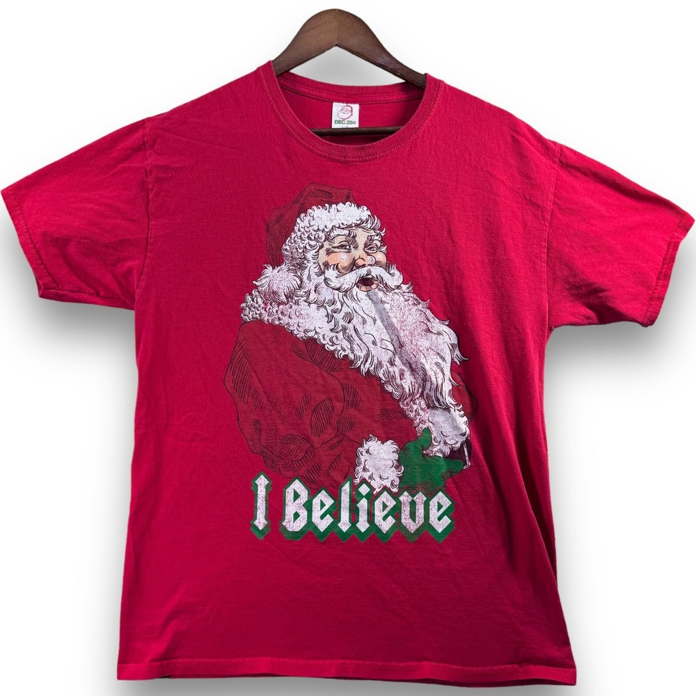 Dec 25th Holiday Time Santa Claus T-Shirt Mens Large L Christmas Believe Red